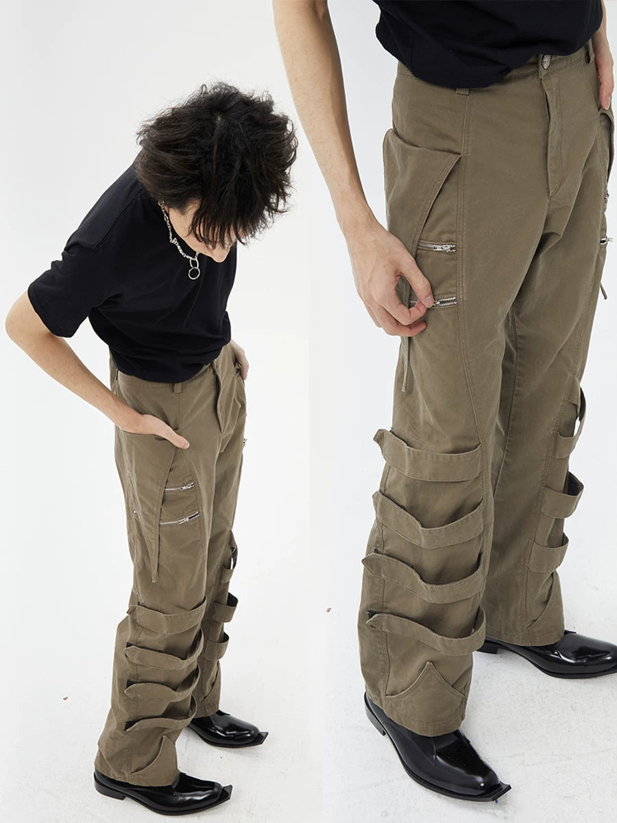 Vintage Brown Tie-Waist Wide-Leg Cargo Pants