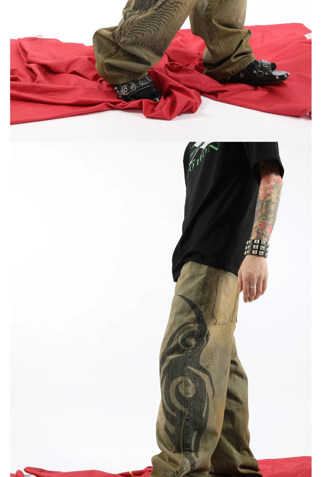 Heavy Washed Bamboo Print Baggy Jeans