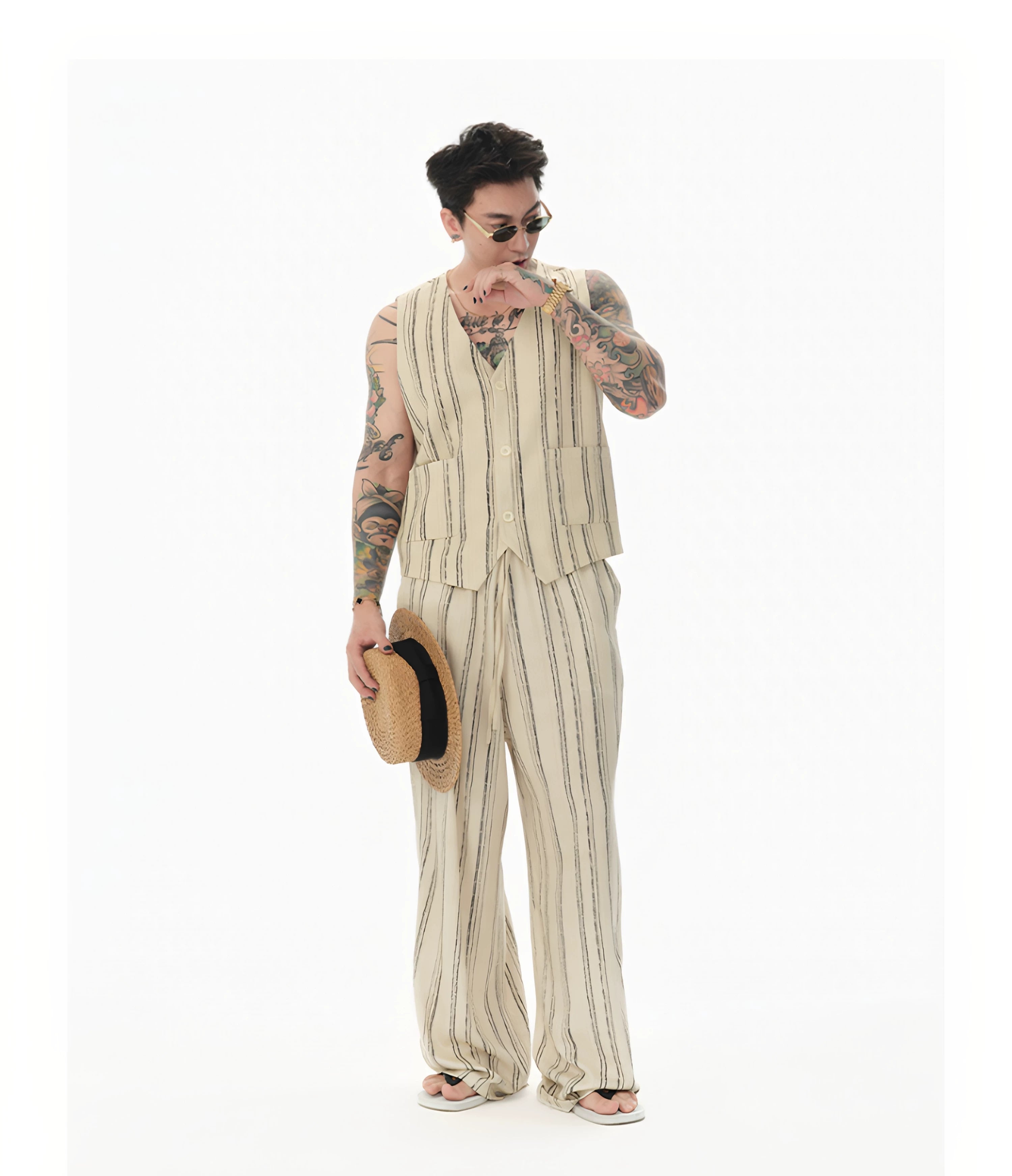 Distressed Vintage Striped Vest Pants Set
