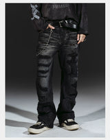 Flared Washed Distressed Patchwork Jeans