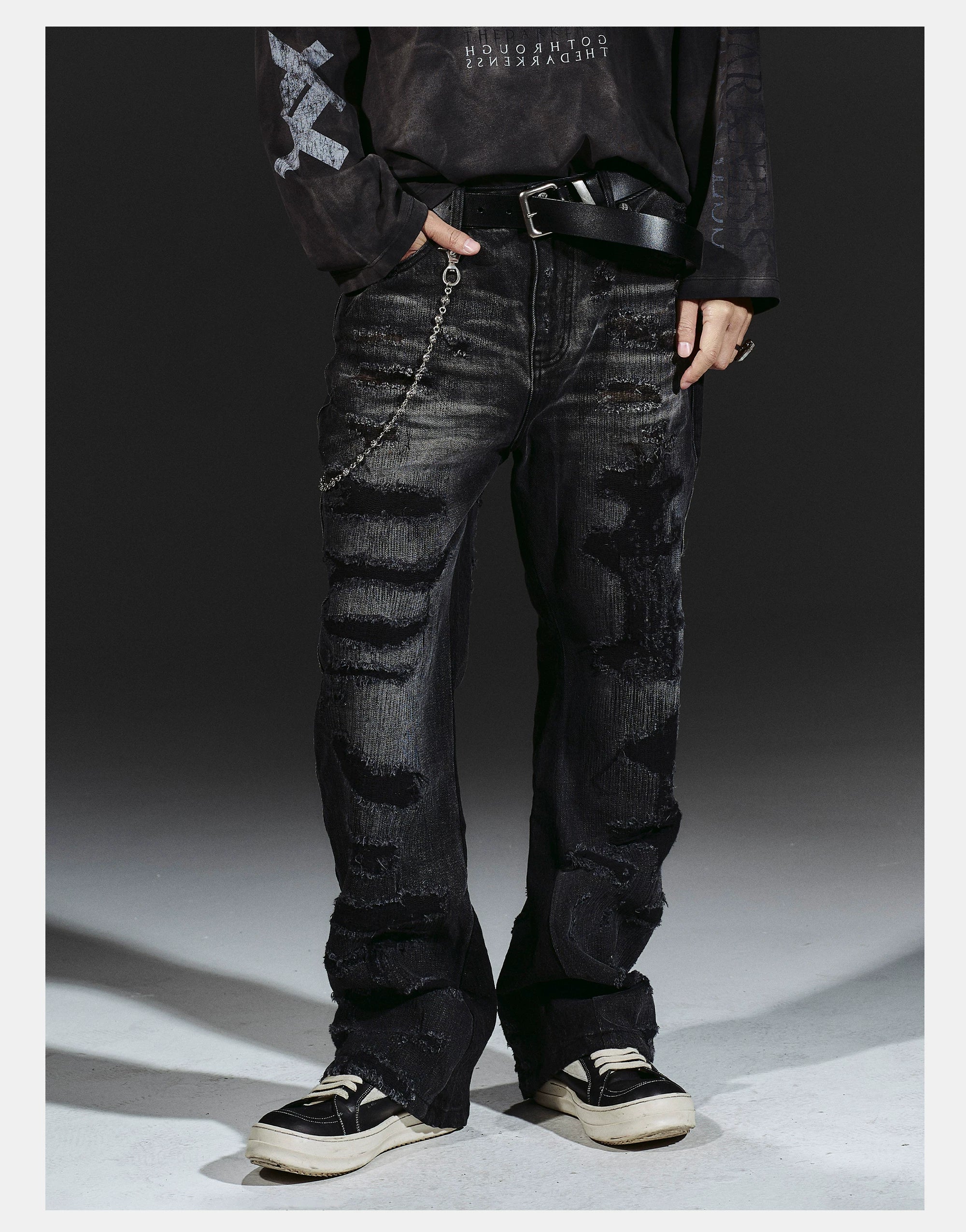 Flared Washed Distressed Patchwork Jeans