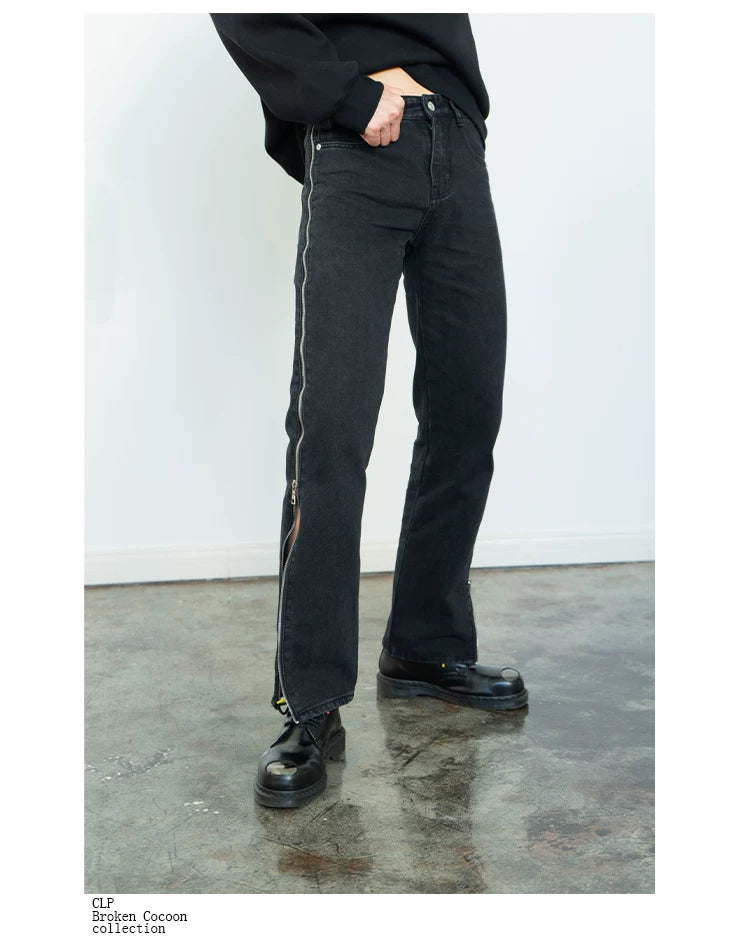 Men's Black Straight Side Zip Jeans