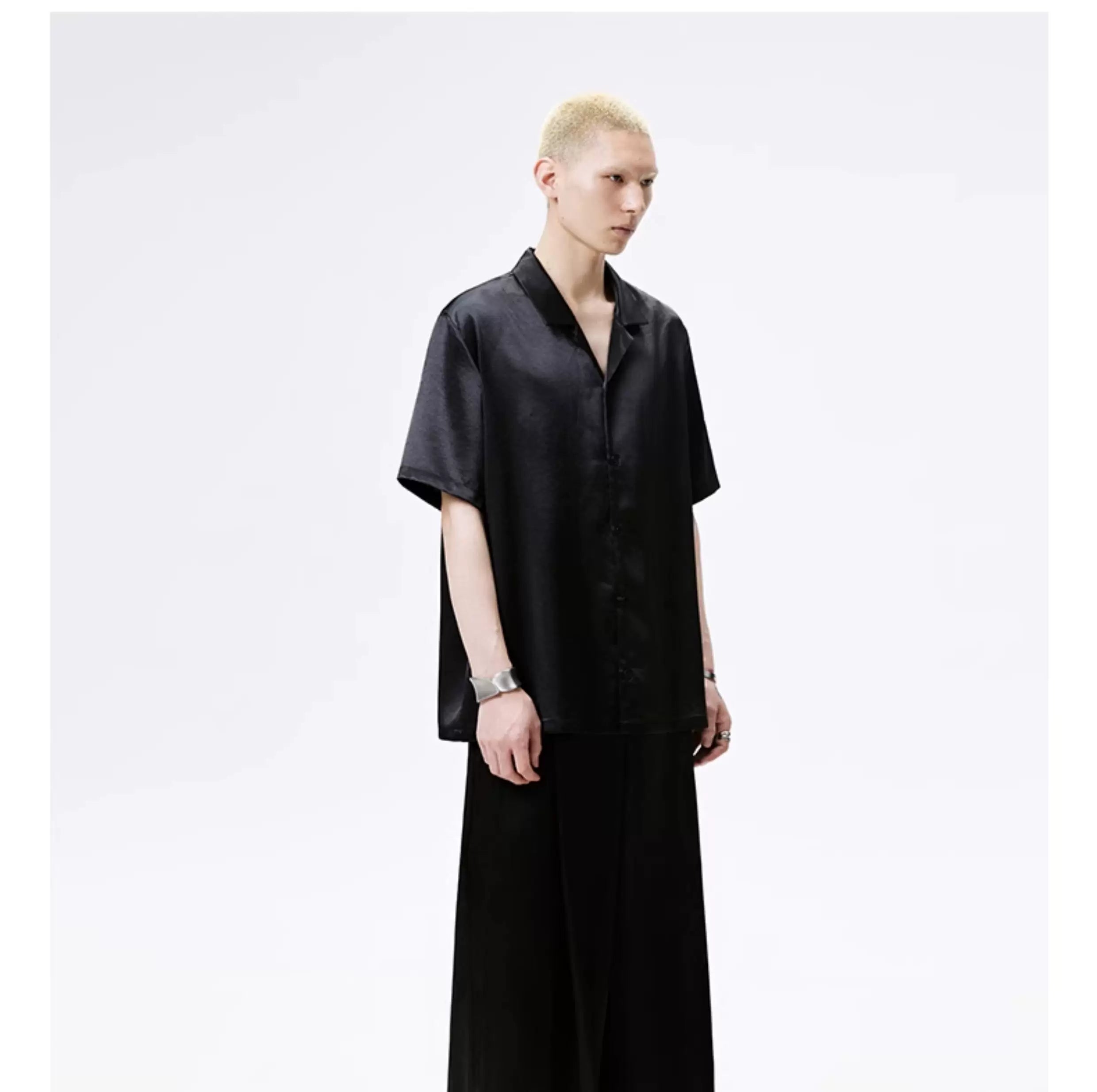 Cuban Collar Short Sleeve Satin Shirt