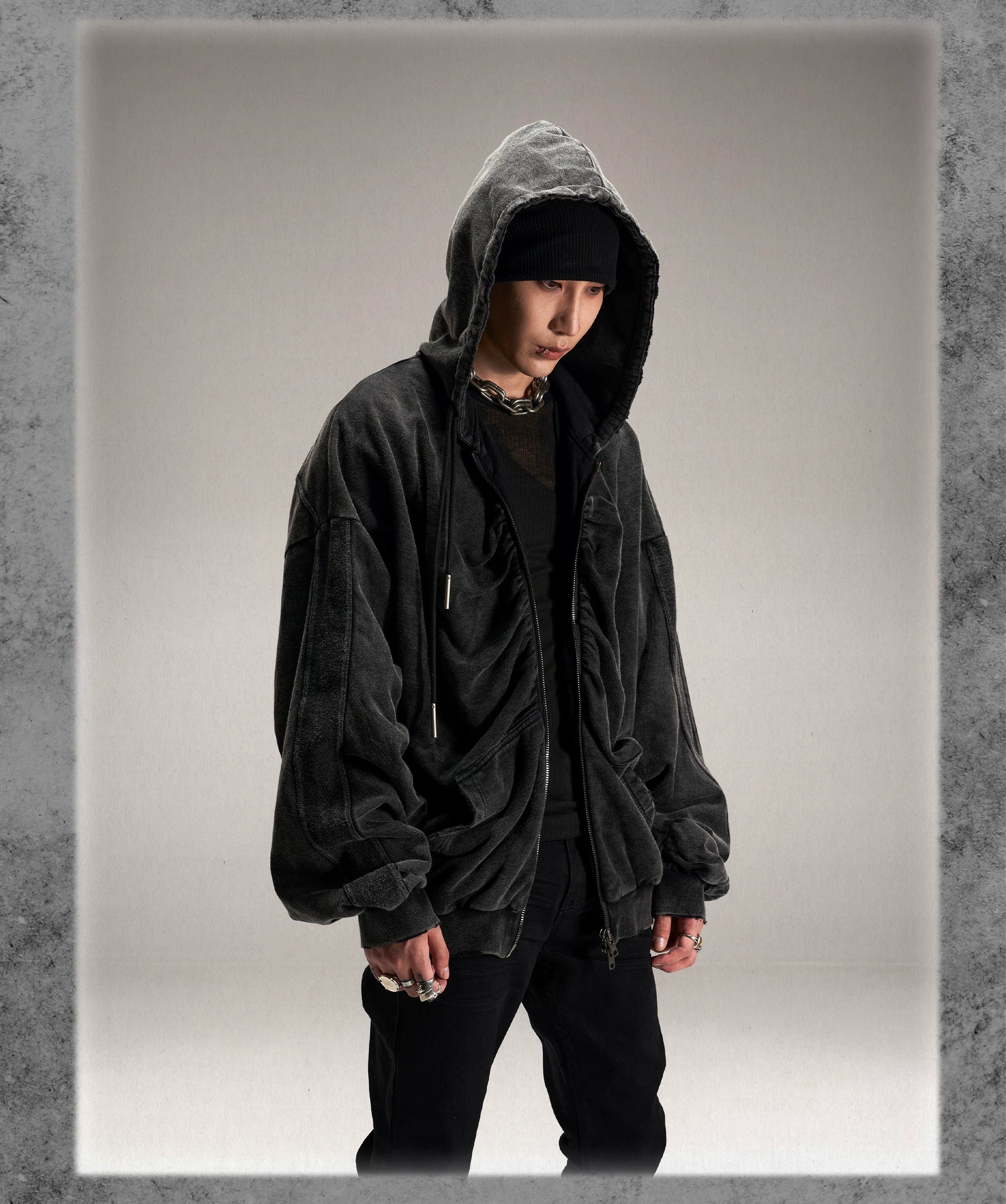Black Loose Patchwork Zip Hoodie