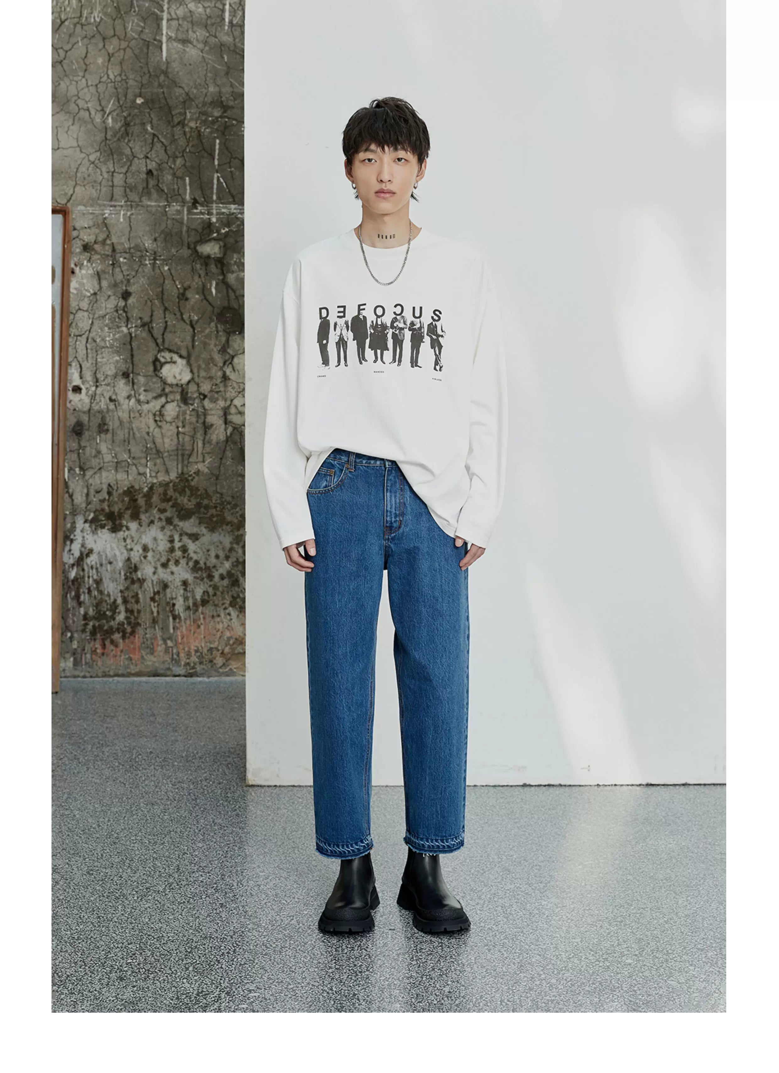 Vintage Washed Distressed Straight Cropped Jeans