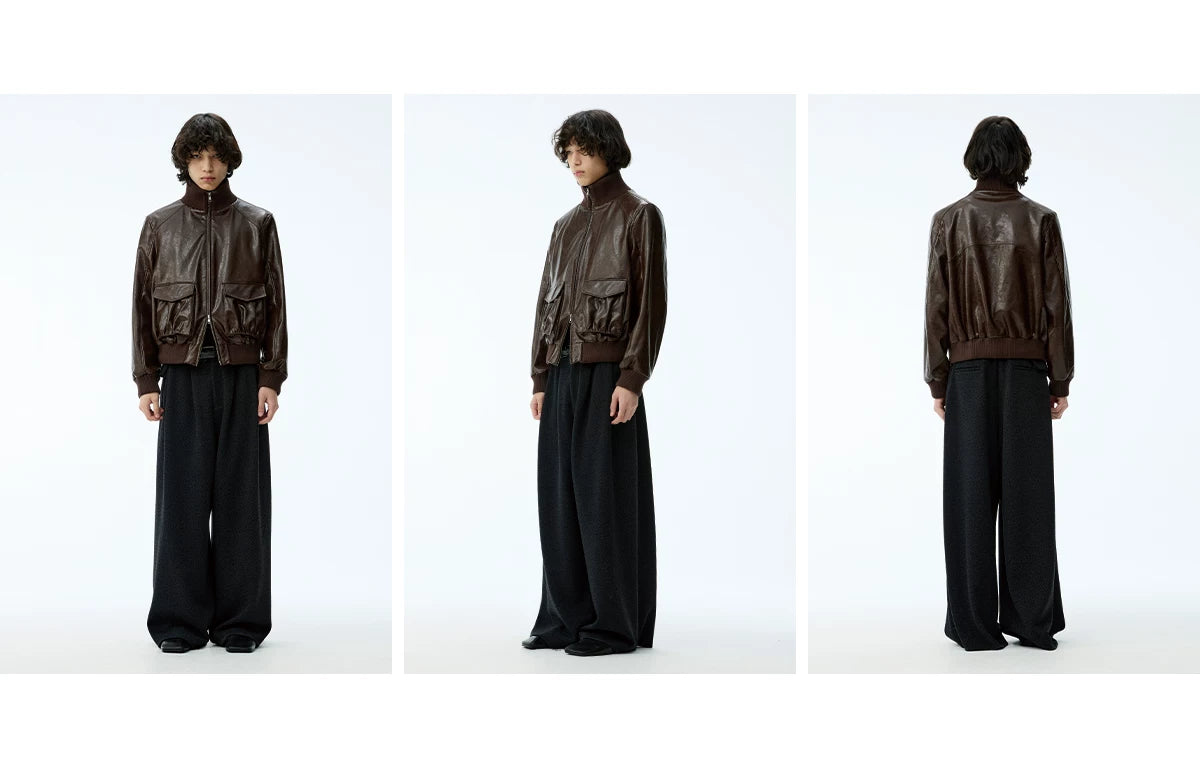 Cropped Double Zipper Waxed Leather Jacket