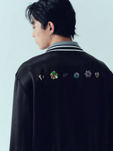 Ribbed Collar Shell Button Acetate Jacket