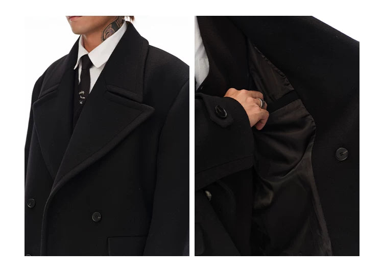 Men's Long Black Double-breasted Wool Coat