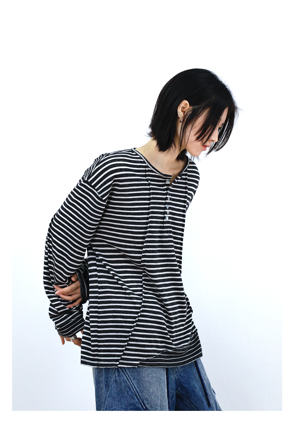 Striped Cutout Neck Long Sleeve Tee