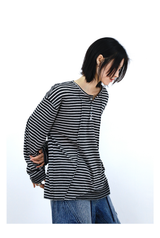 Striped Cutout Neck Long Sleeve Tee