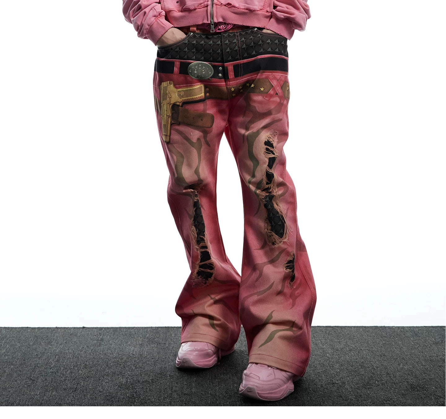 Double Waistband 3D Tiger Flare Jeans