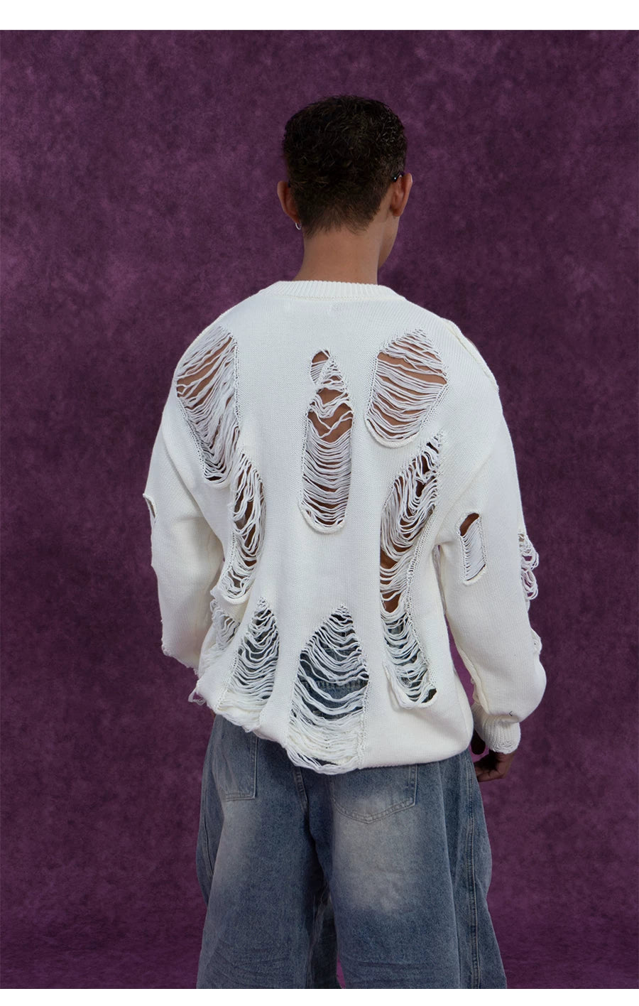 Black White Ripped Cutout Knit Sweater