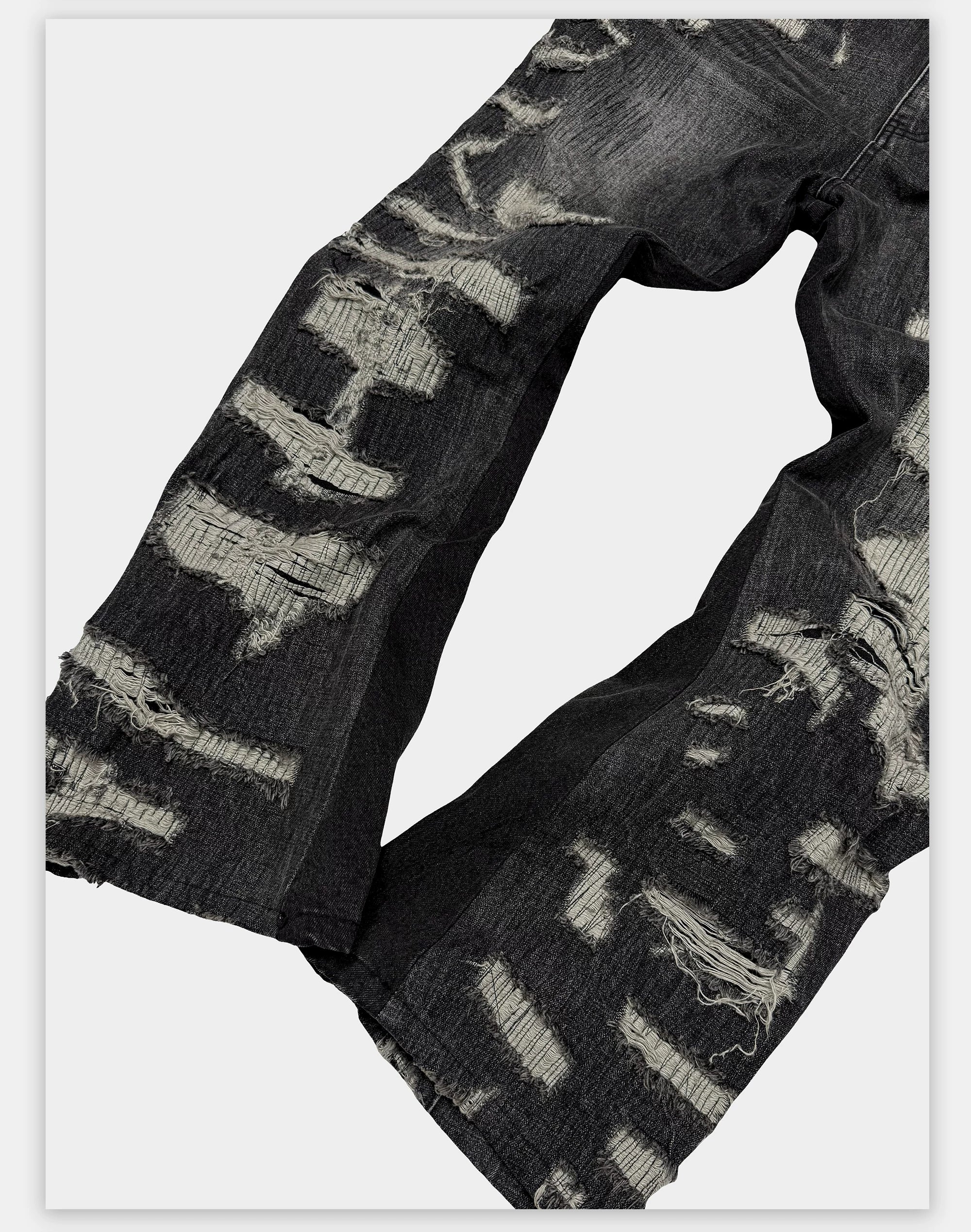Heavyweight Distressed Embroidered Patchwork Flared Jeans