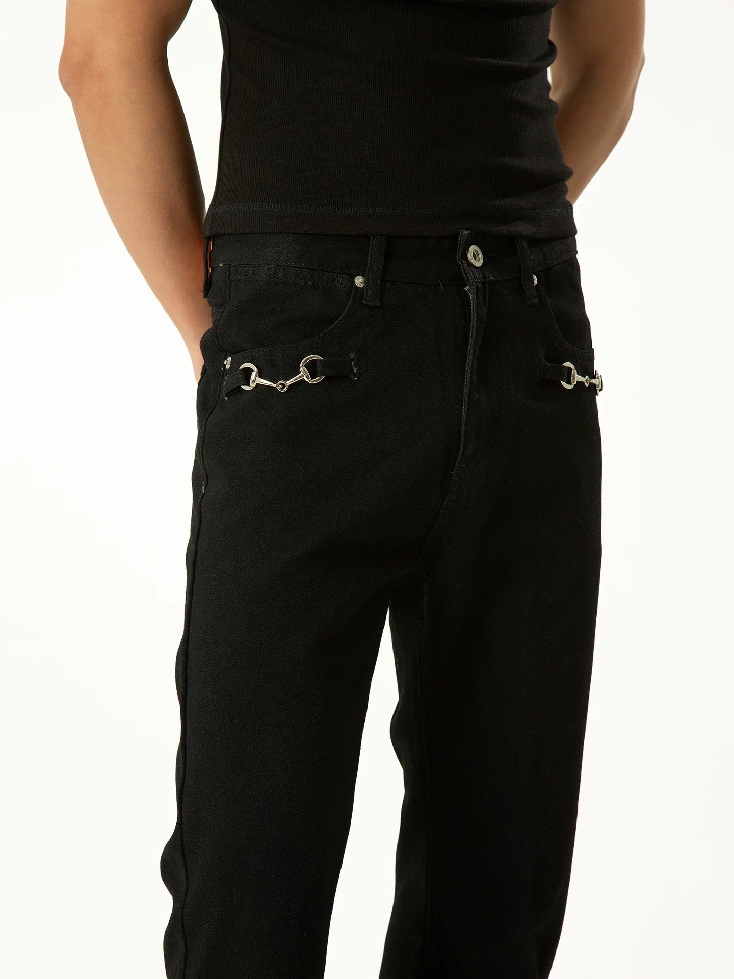 Men's Black Metal Buckle Jeans