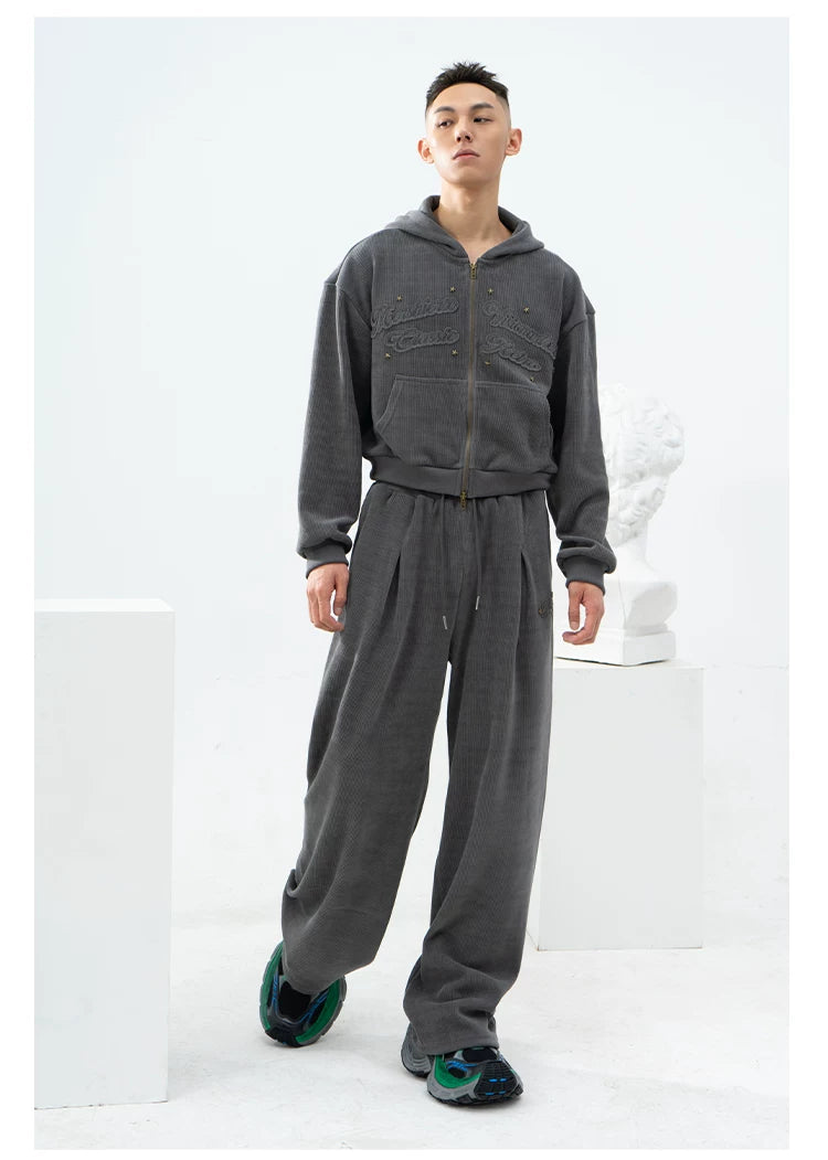 Gray Khaki Corduroy Embroidered Striped Zip-Hoodie