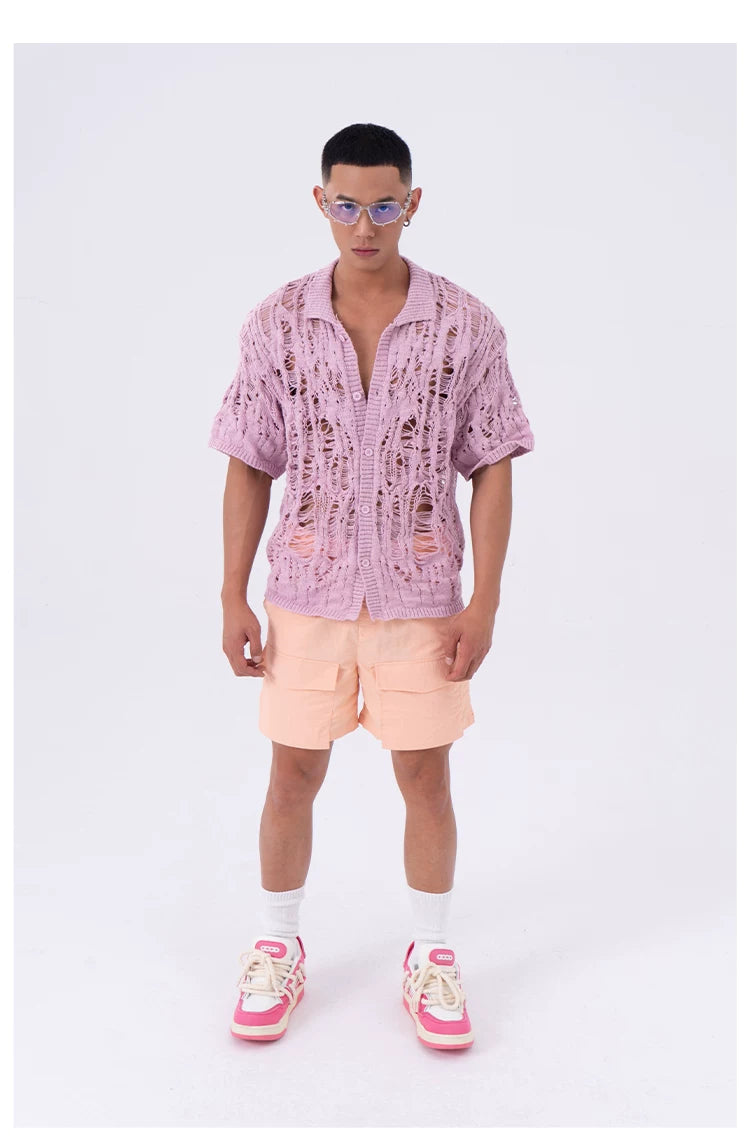 Peach Pink Multi-pocket Drawstring Beach Shorts