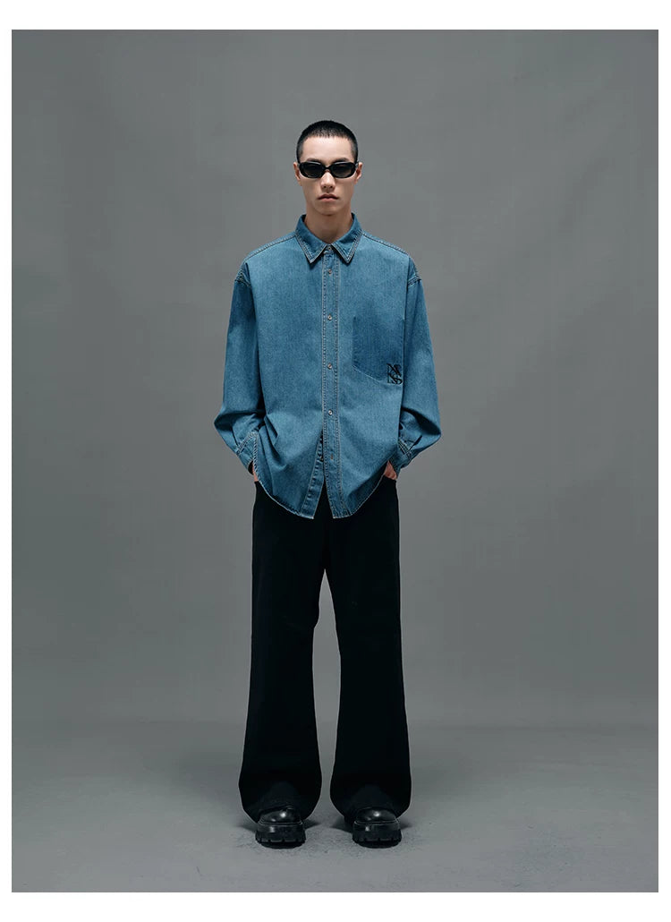 Washed Blue Oversized Embroidered Denim Shirt