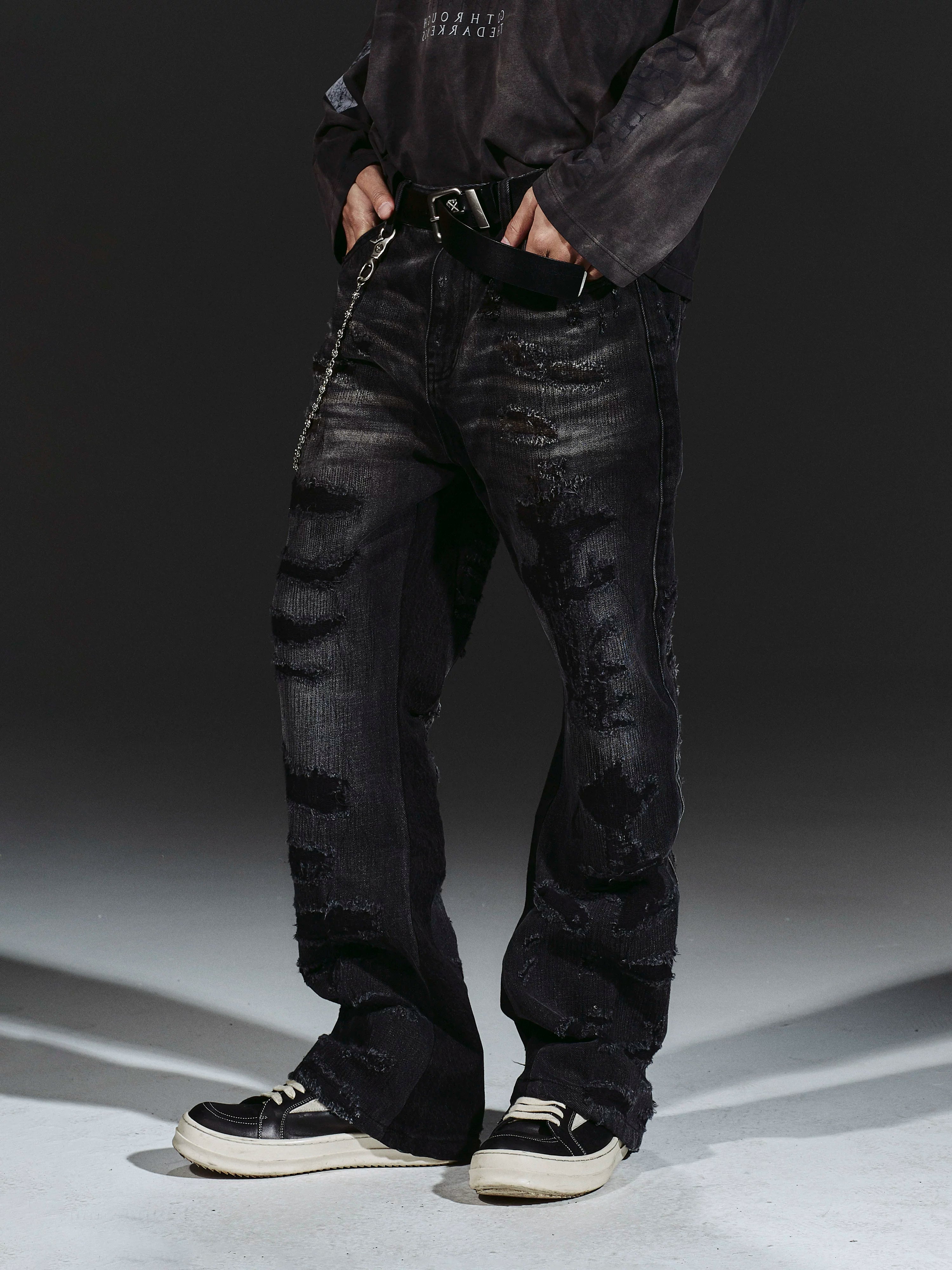 Flared Washed Distressed Patchwork Jeans