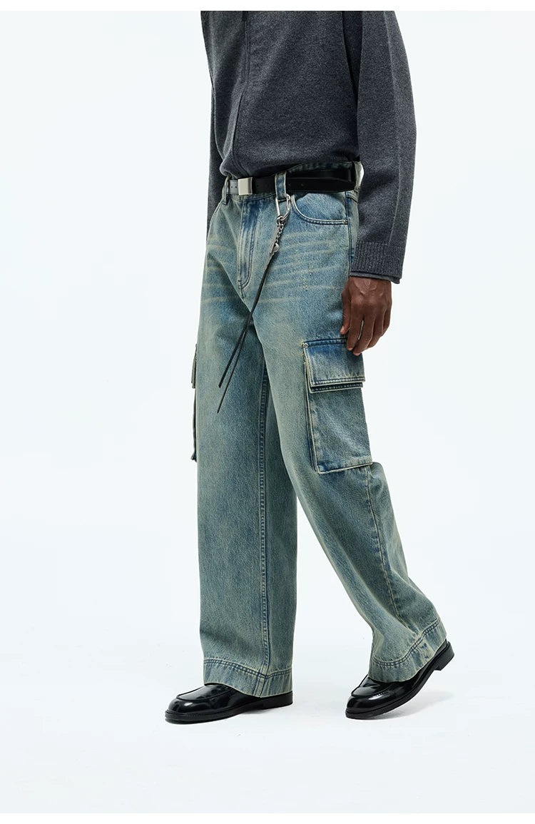Washed Multi-pocket Straight Leg Cargo Jeans