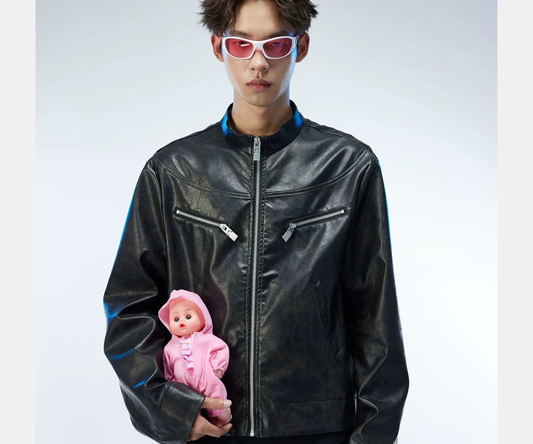 Men's Distressed Cropped Leather Moto Jacket