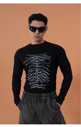 Skeleton Print Ribbed Fitted Long-Sleeve Tee