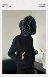 Detachable Fur Collar Slant Zip Hoodie