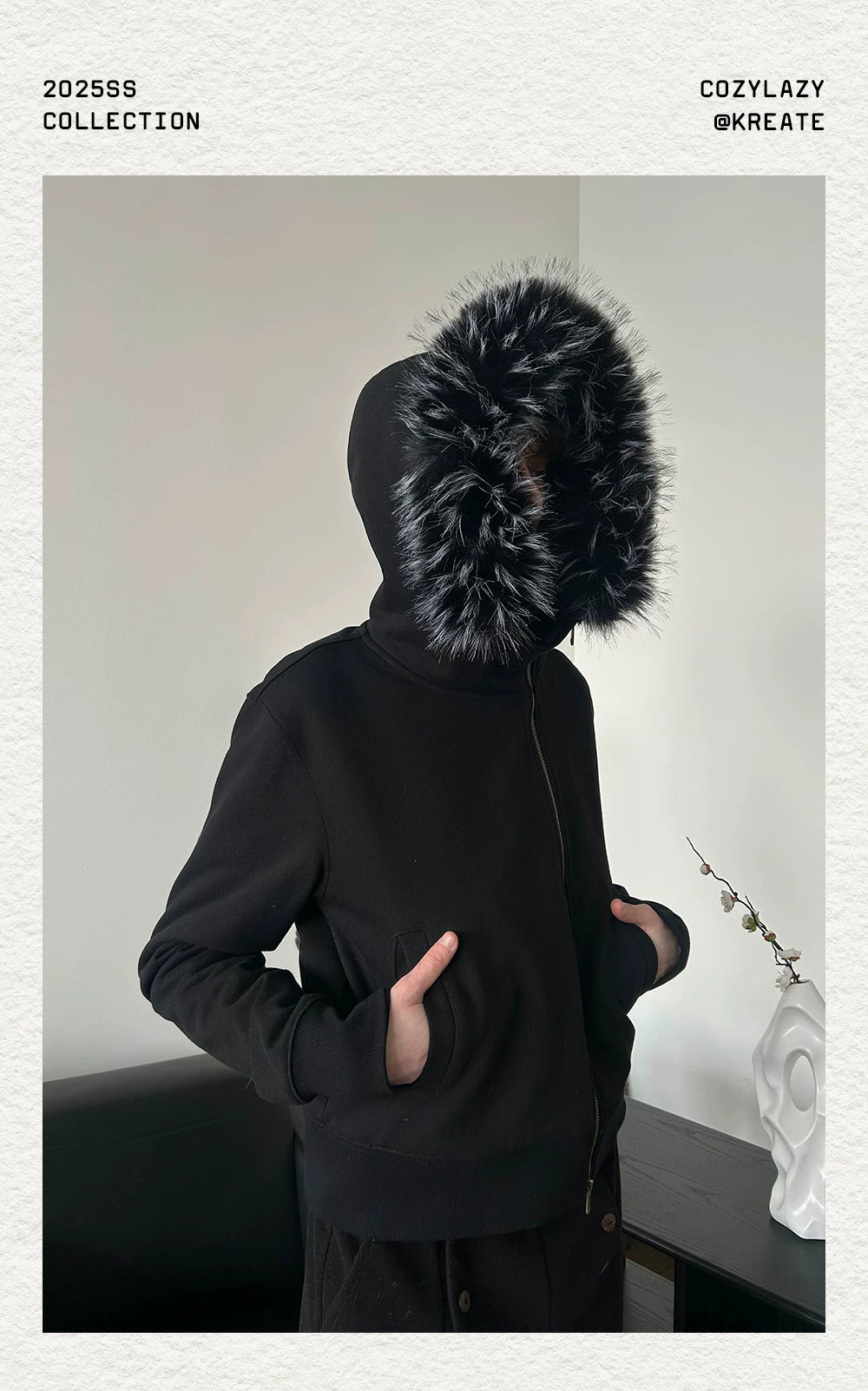 Detachable Fur Collar Slant Zip Hoodie