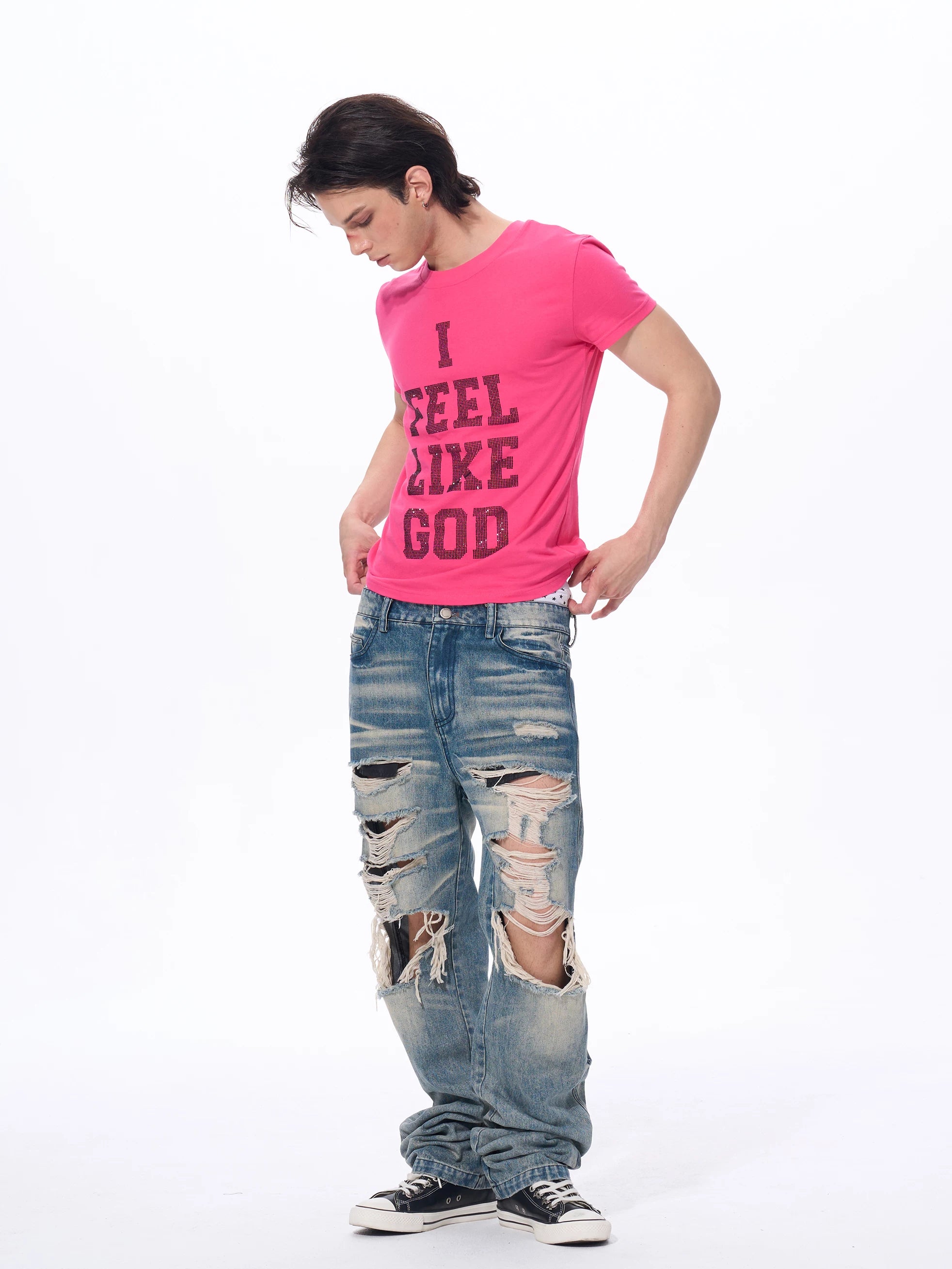 Men's Rhinestone Letter Crew Neck Tees