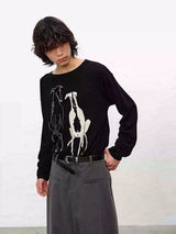 Drop Shoulder Dog Jacquard Cotton Sweater