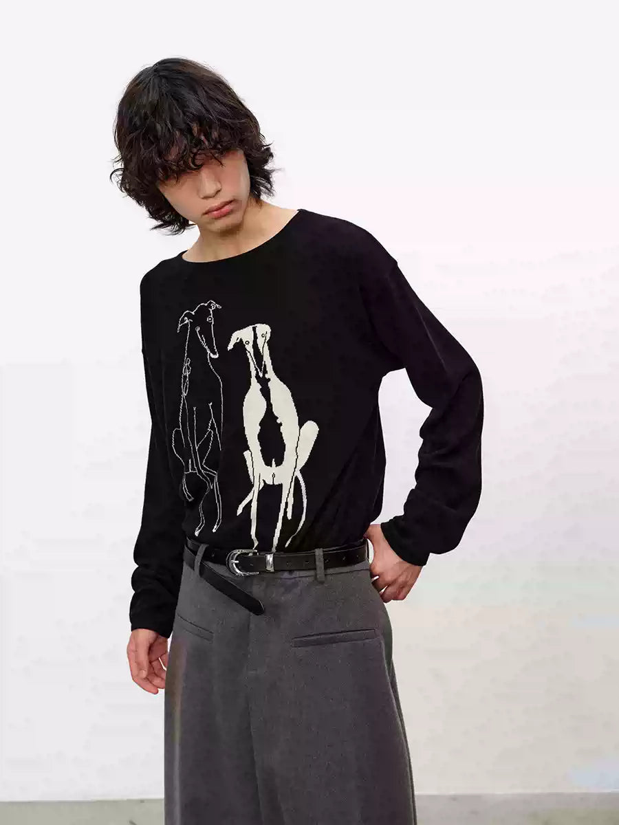 Drop Shoulder Dog Jacquard Cotton Sweater