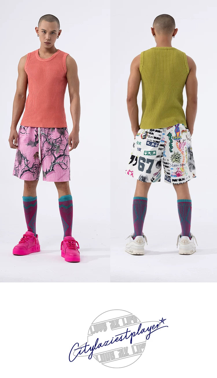 Men's Loose Drawstring Graffiti Beach Shorts