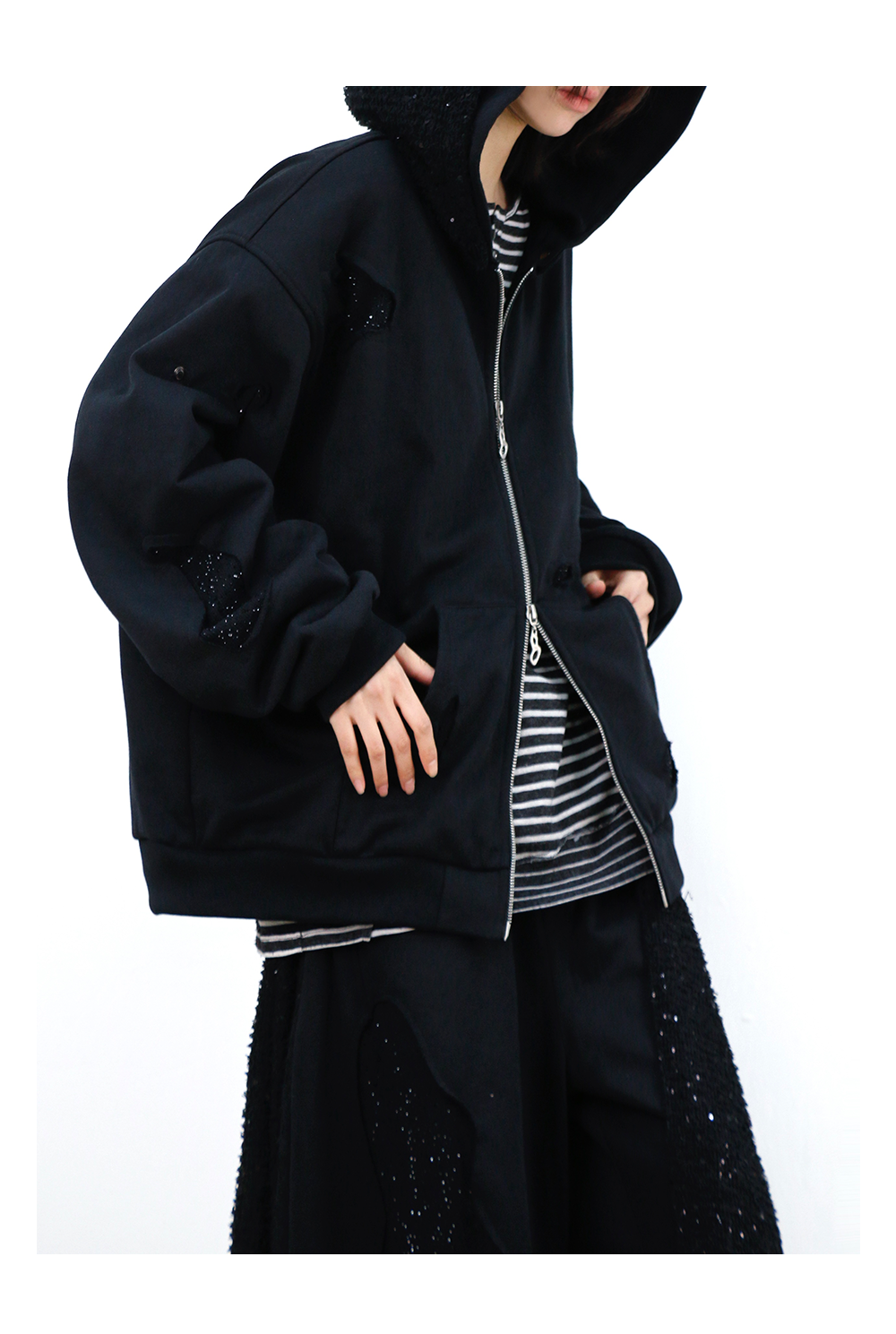 Detachable Dual Hood Rhinestone Zip Hoodie