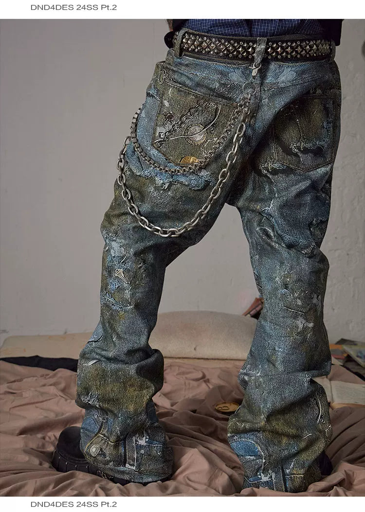 Relaxed Distressed Chain Digital Print Jeans