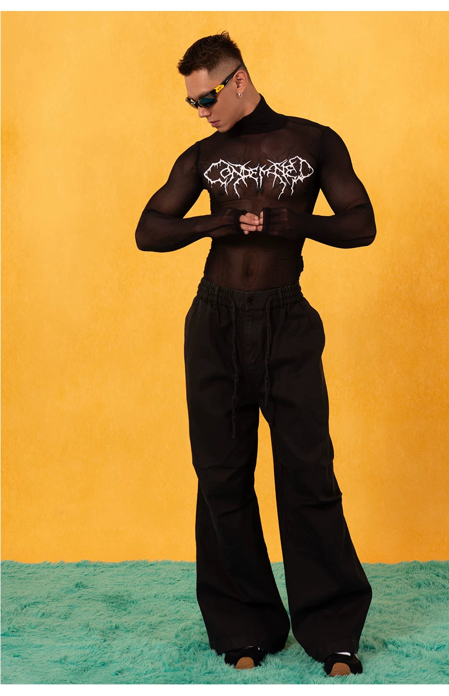 Y2K Cutout Sheer Mesh Turtleneck Tee