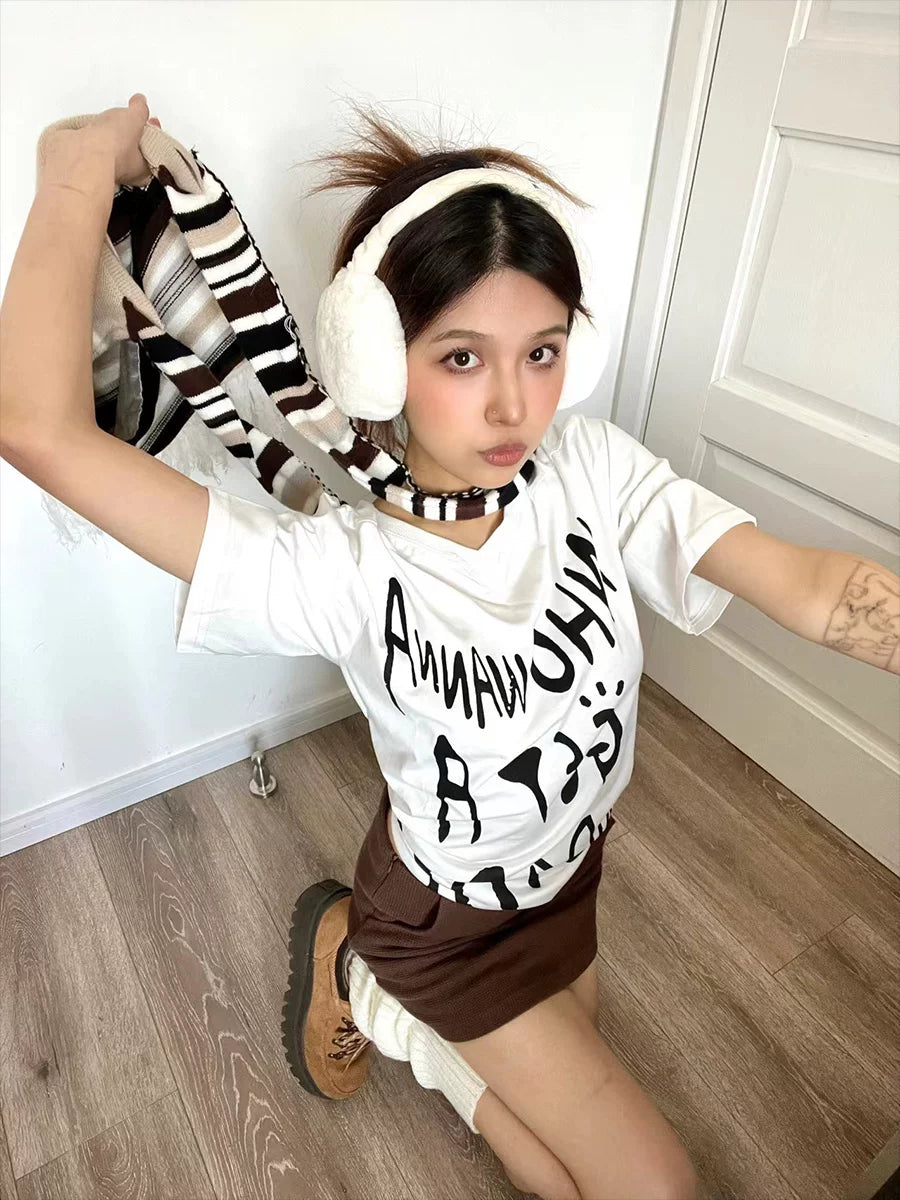 Unisex White Printed Modal V-Neck Tees