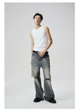 Two-Tone Distressed Wide Leg Flared Jeans