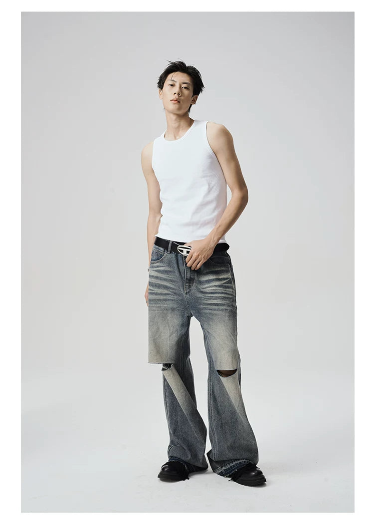 Two-Tone Distressed Wide Leg Flared Jeans