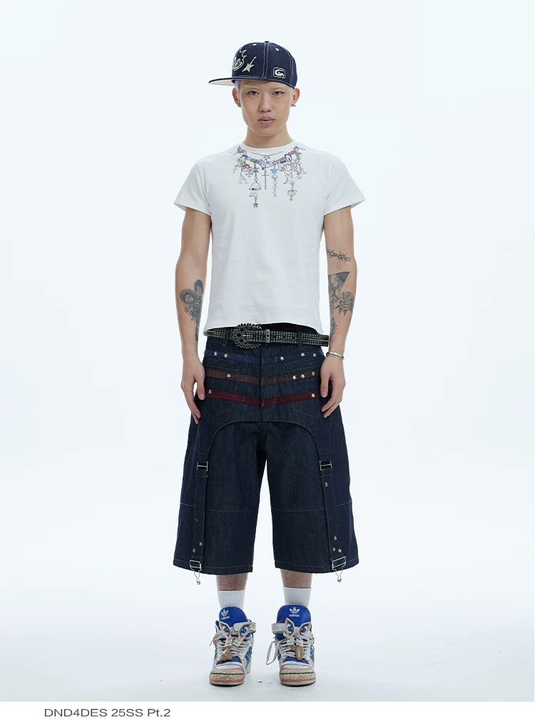 Star Suede Patchwork Cropped Denim Shorts
