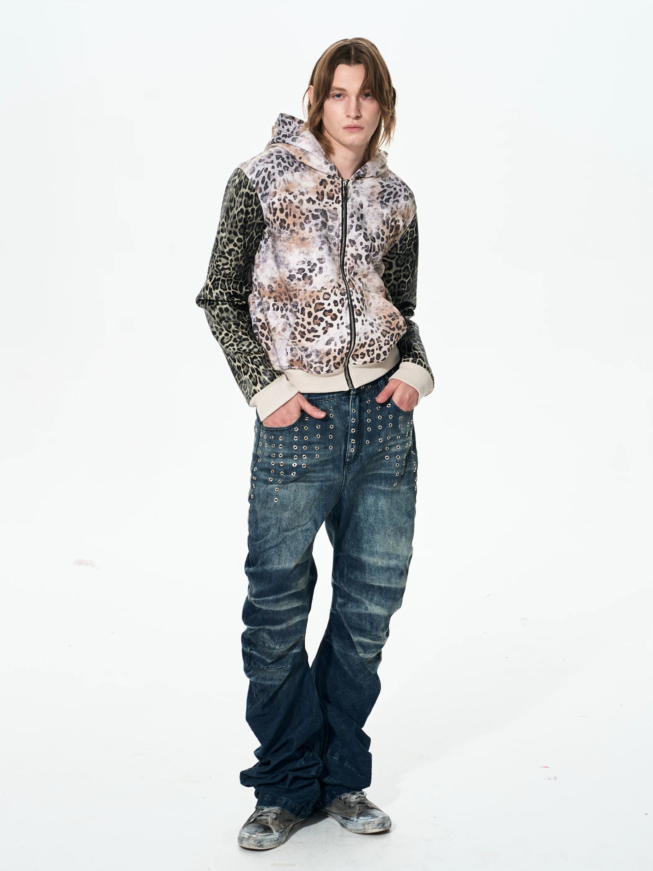 Men's Ice Blue Distressed Curved Jeans