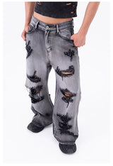 Men's Ripped Baggy Straight Charcoal Jeans
