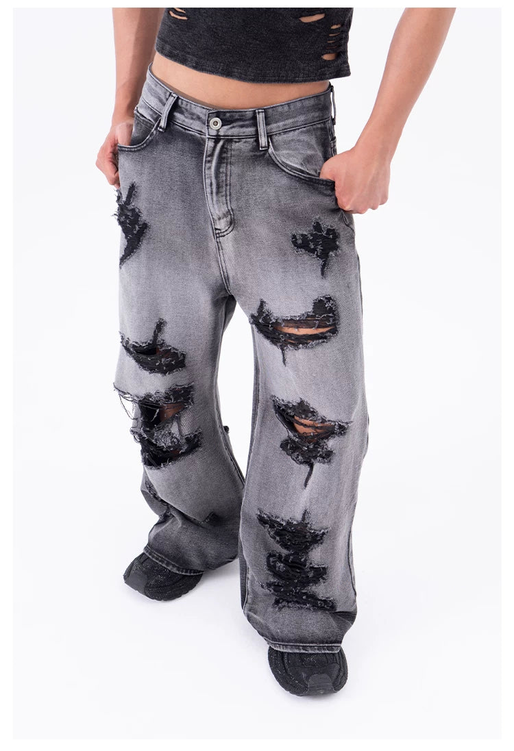 Men's Ripped Baggy Straight Charcoal Jeans