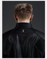 Dark Zip-Up Padded Biker Leather Jacket