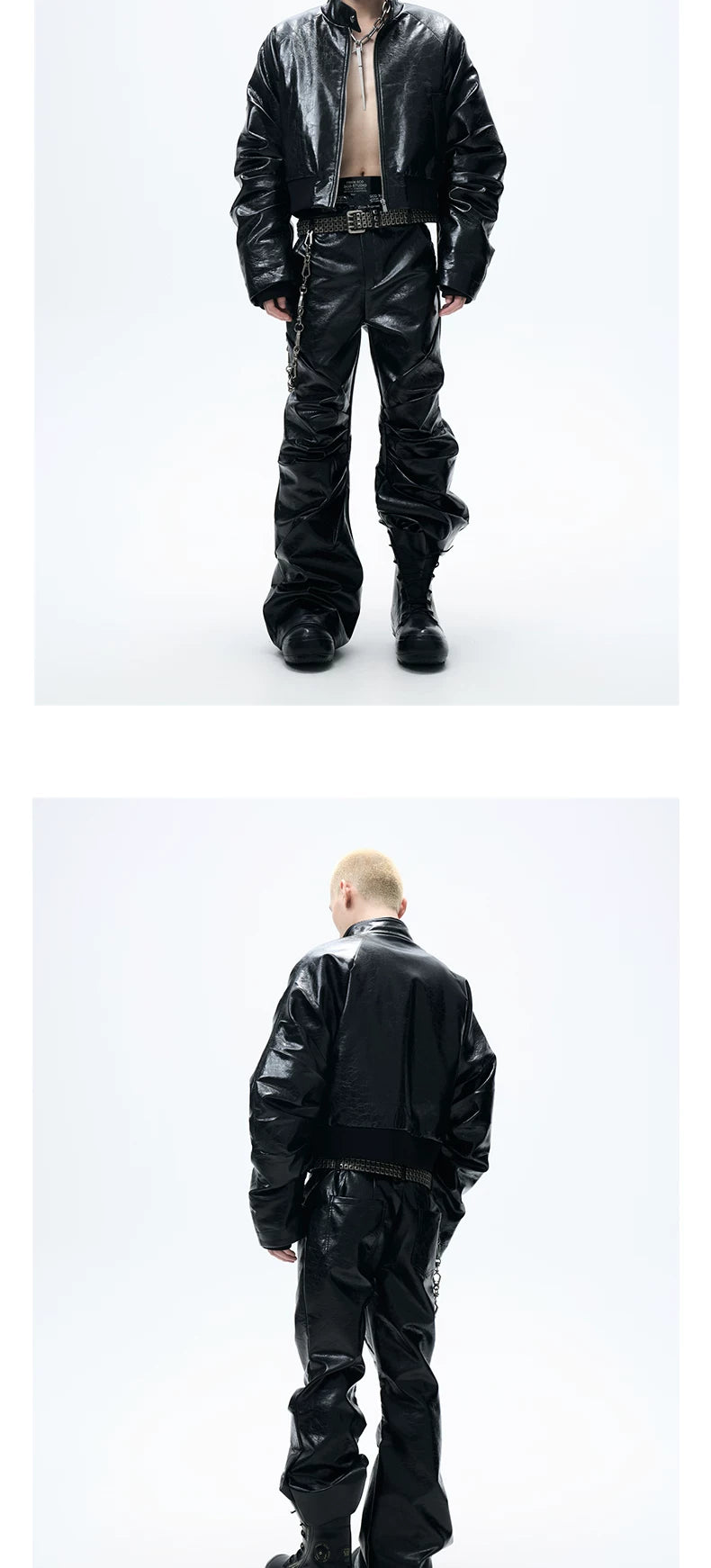Cropped Glossy Pleated Leather Puffer Coat