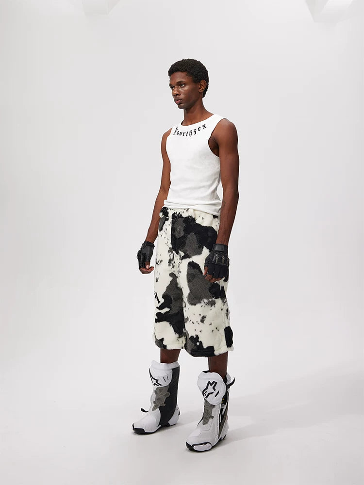 Cropped Cow Print Faux Fur Shorts