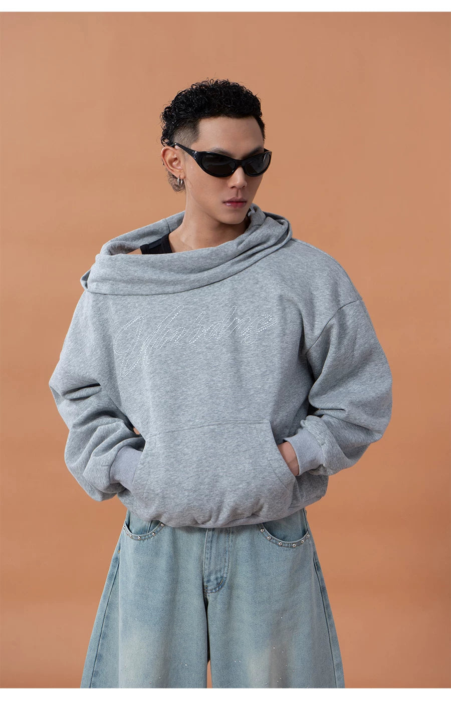 Grey Blue Unisex Letter Print Hoodie