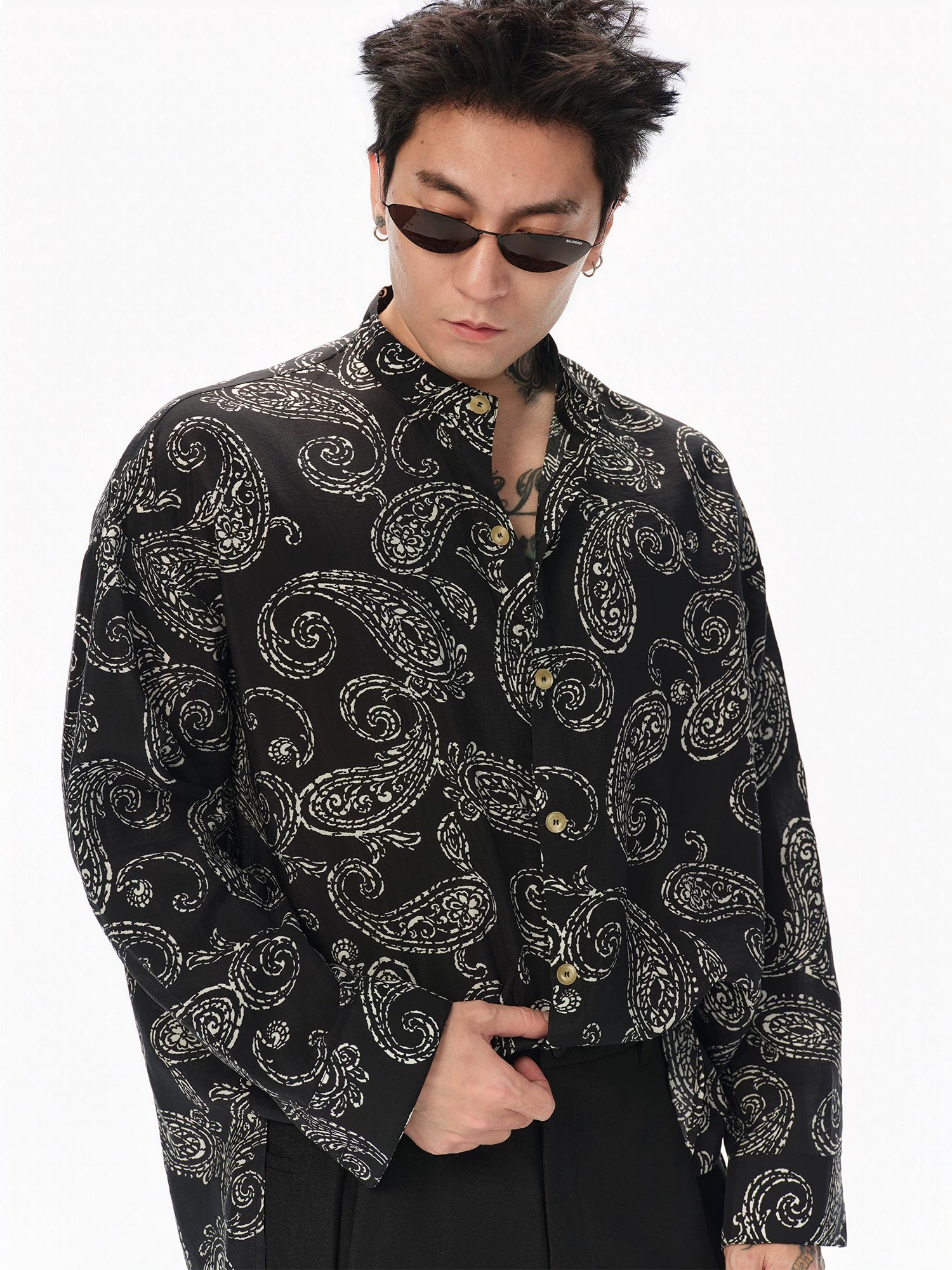 Long Sleeve Collared Paisley Silk Shirt