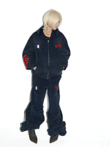 Navy Washed Embroidered Cropped Zip-Up Hoodie