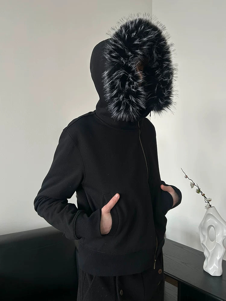 Detachable Fur Collar Slant Zip Hoodie