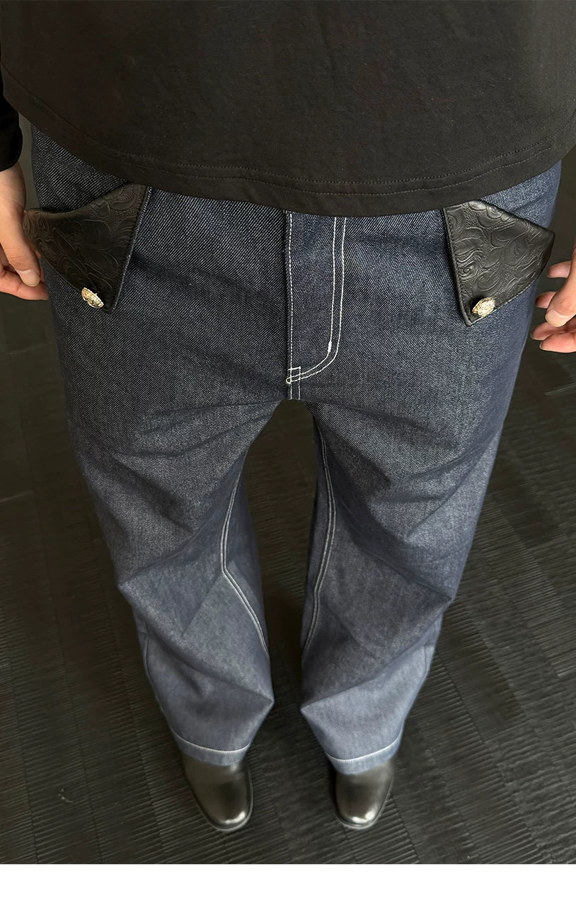 Navy Embossed PU Patchwork Flared Jeans