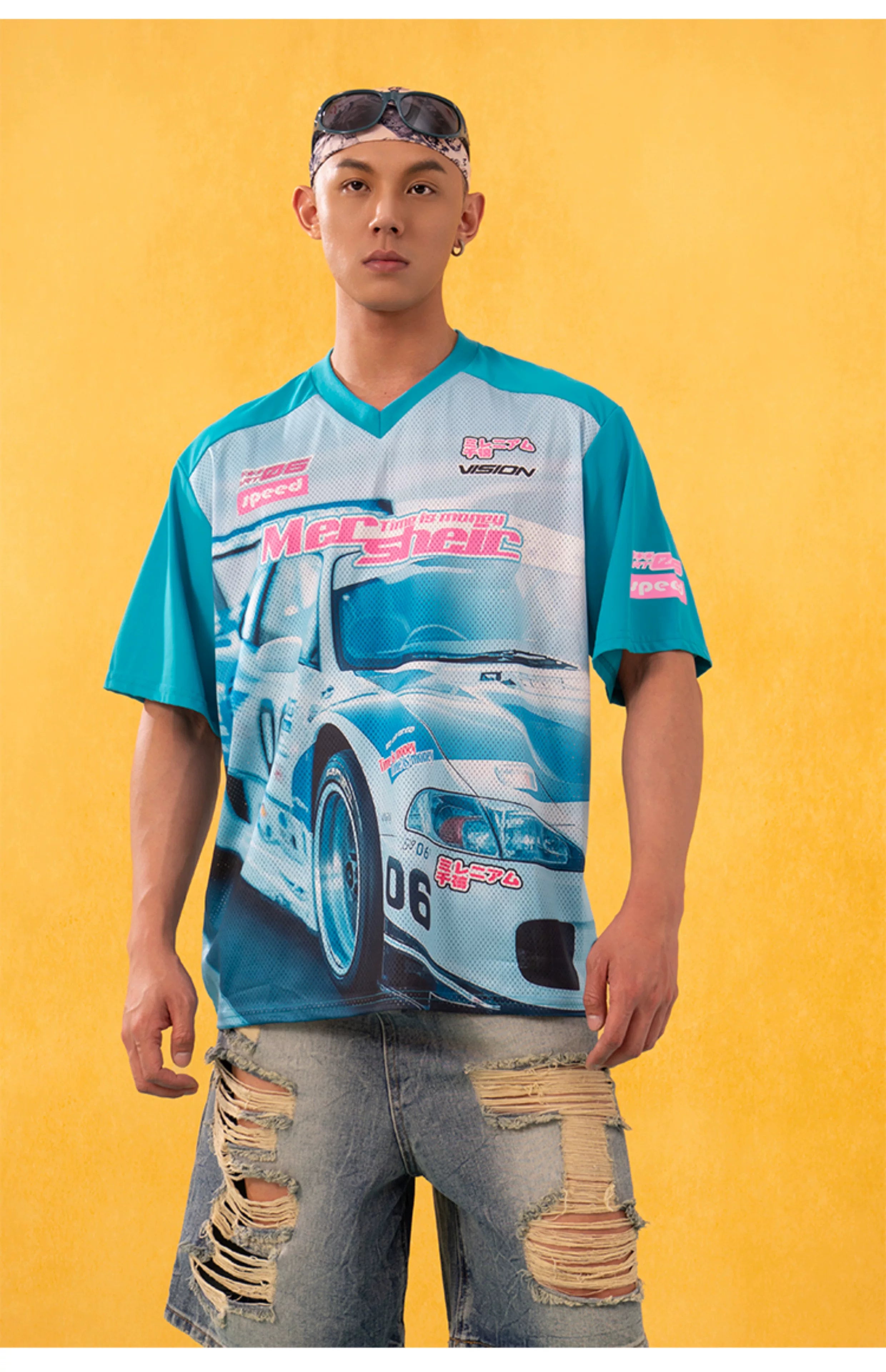 Men's Blue Black Racing Print Tee